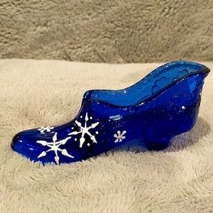Beautiful Cobalt Blue Fenton Glass Show with Hand Painted Snowflakes